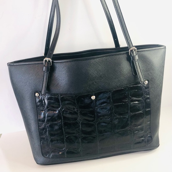 New Aurielle Saffiano & Croco Embossed Leather Tote in Black. Perfect Condition. - Picture 6 of 14
